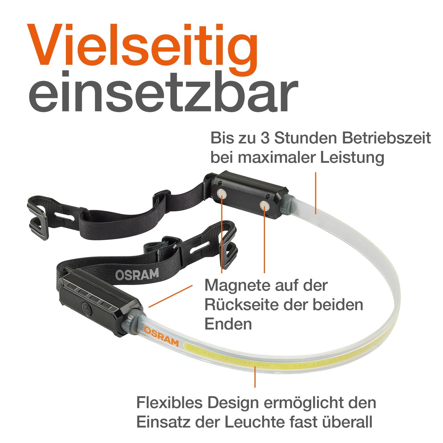 Osram LEDinspect Flexible Inspection Light, rechargeable LED inspection lamp, 6000K, brightness up to 1000lm, detachable elastic bands, White