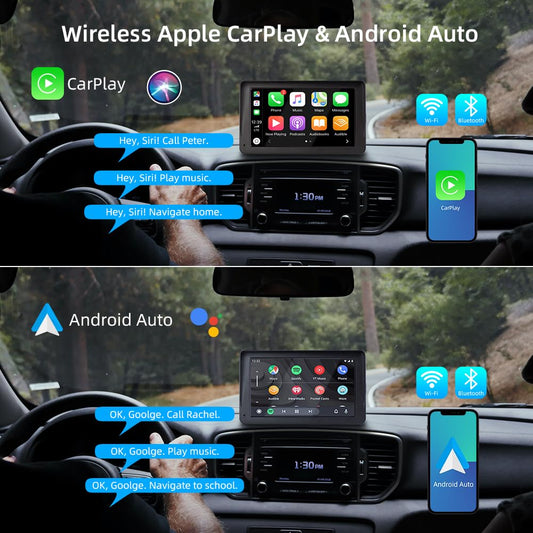 Wireless CarPlay & Android Auto, 7-inch Carplay display with 2K front camera, 1080P rear camera, Bluetooth, Mirror Link, FM, AUX, TF card.