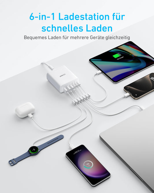 Anchor USB-C charger, 6-port charging station with 112W output power, for iPhone 17/16/15 series, MacBook Air, Pixel, Galaxy, iPad, and more (No charging cable included)