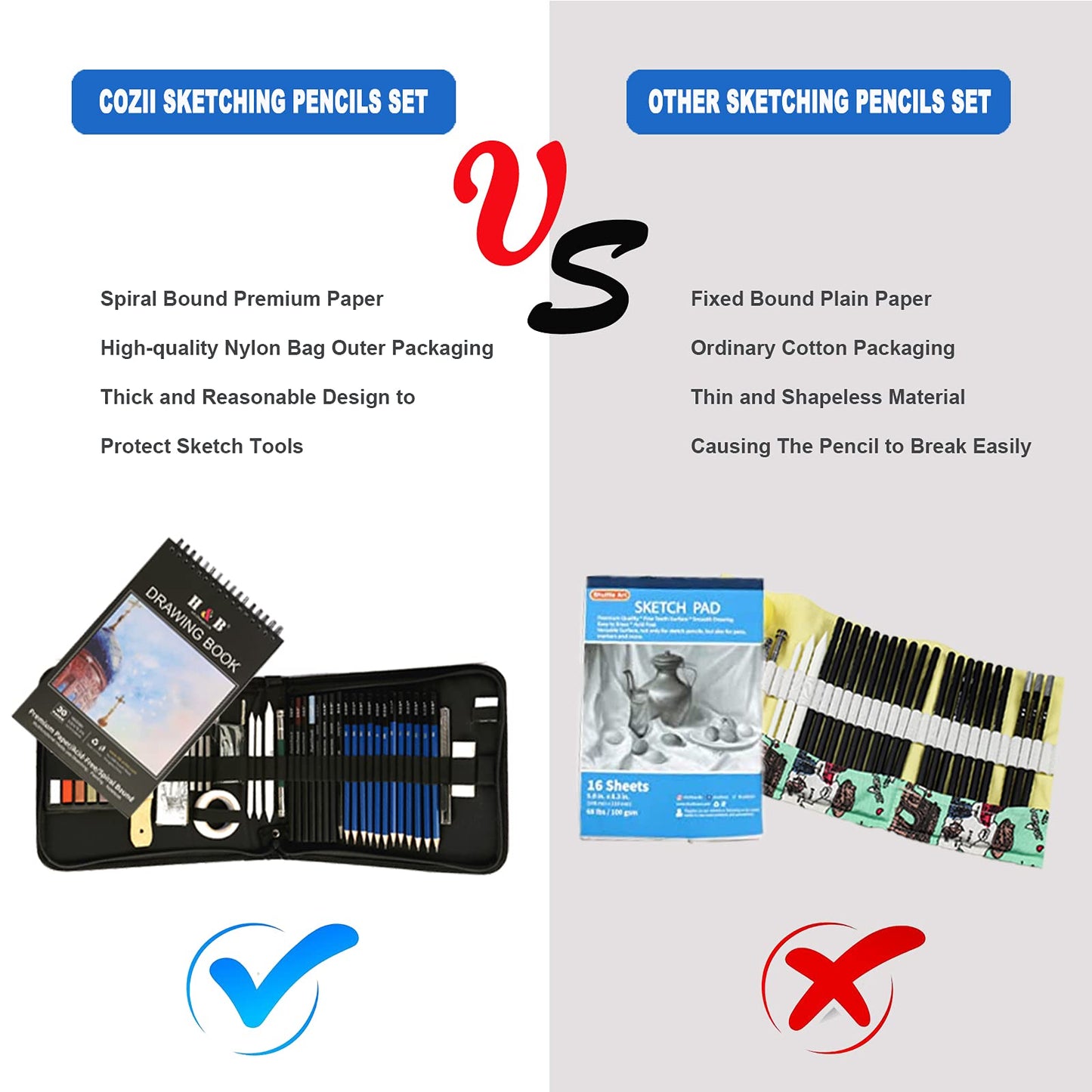 Cozii 51-piece charcoal pencil set includes graphite and color pencils, sketchbook, drawing supplies, and zippered carry case. Perfect for artists, adults.