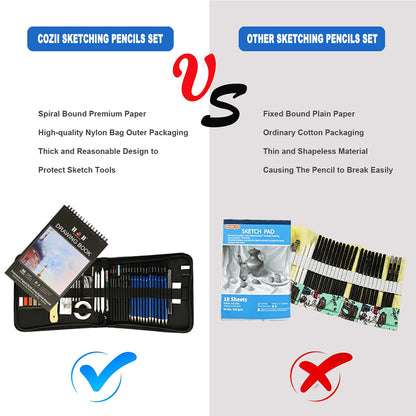 Cozii 51-piece charcoal pencil set includes graphite and color pencils, sketchbook, drawing supplies, and zippered carry case. Perfect for artists, adults.