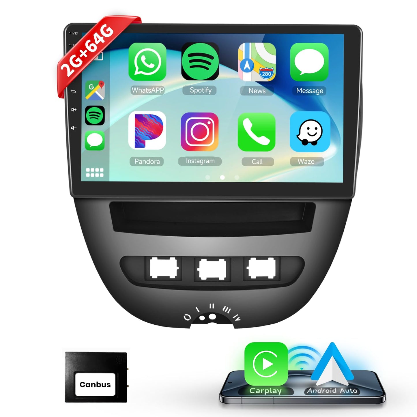 10.1-inch Carplay radio for Citroen C1/Toyota Aygo/Peugeot 107, Podofo touchscreen Android 2G+64G with Wireless Carplay Android Auto, Bluetooth/GPS/WiFi/FM/RDS/HiFi/USB/steering wheel control