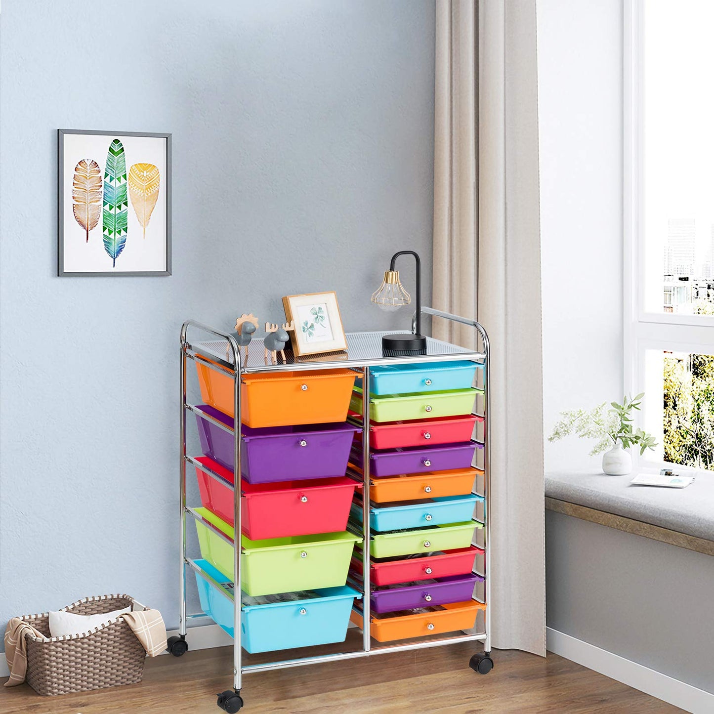 GOPLUS rolling cart with 15 stackable drawers, color options available. Perfect for household, bathroom storage, and organization.