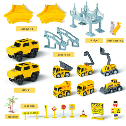 TOMMYHOME tracks toy with electric car, flexible train tracks for kids, highway play set for boys girls gift, 2 race cars and 6 construction vehicles.
