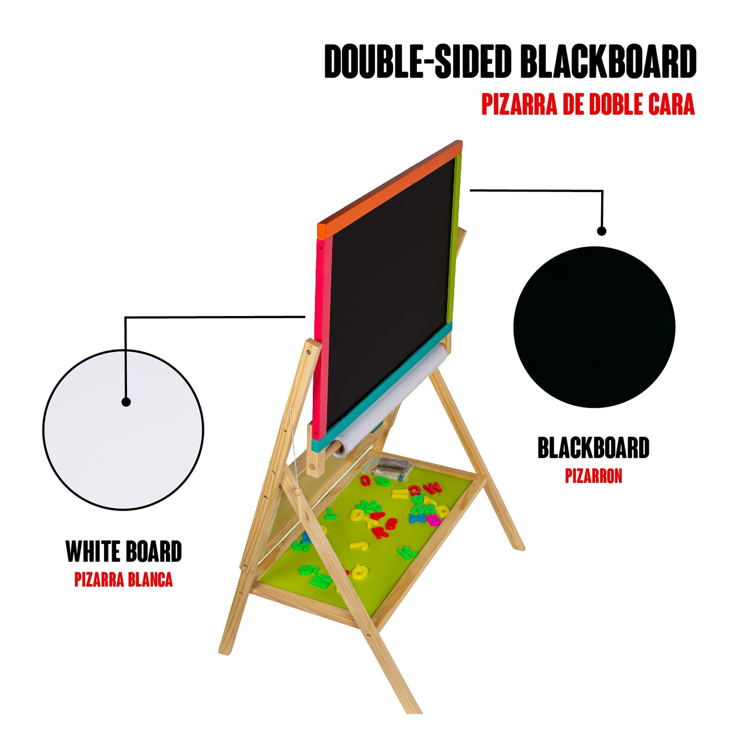 Calma Dragon W12B103-2 Kids Whiteboard 2 in 1, wooden children's board, double-sided, with clock and alphabet, with drawing paper roll, chalk, markers, and eraser (Large)