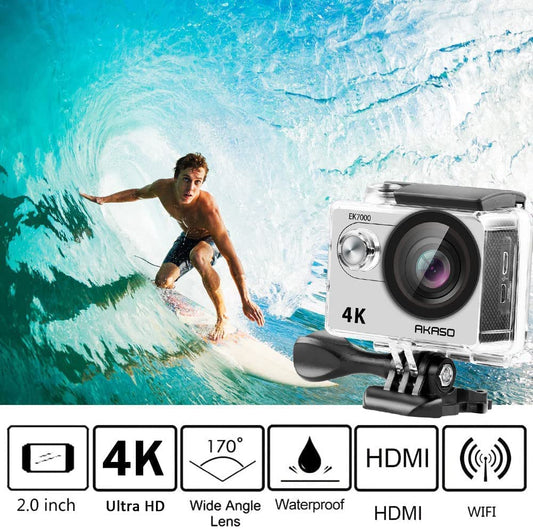 AKASO Action Cam EK7000 4K30FPS Action Camera 170° Wide Angle HD Underwater Camera 20MP WiFi Waterproof Sports Camera 2 Inch LCD Screen with 2 Batteries (Silver)
