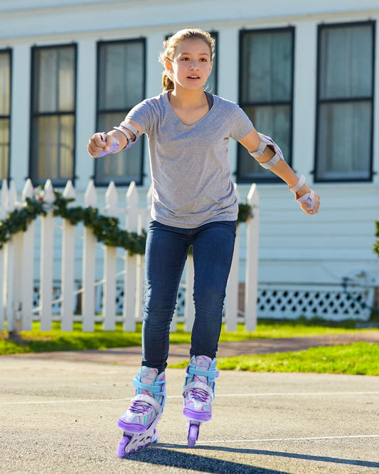 Adjustable inline skates for children sizes 34-41, Sportneer Inline Skates with 6-piece protective gear set for kids girls women, 8 LED light-up inline skates for kids rainbow series.