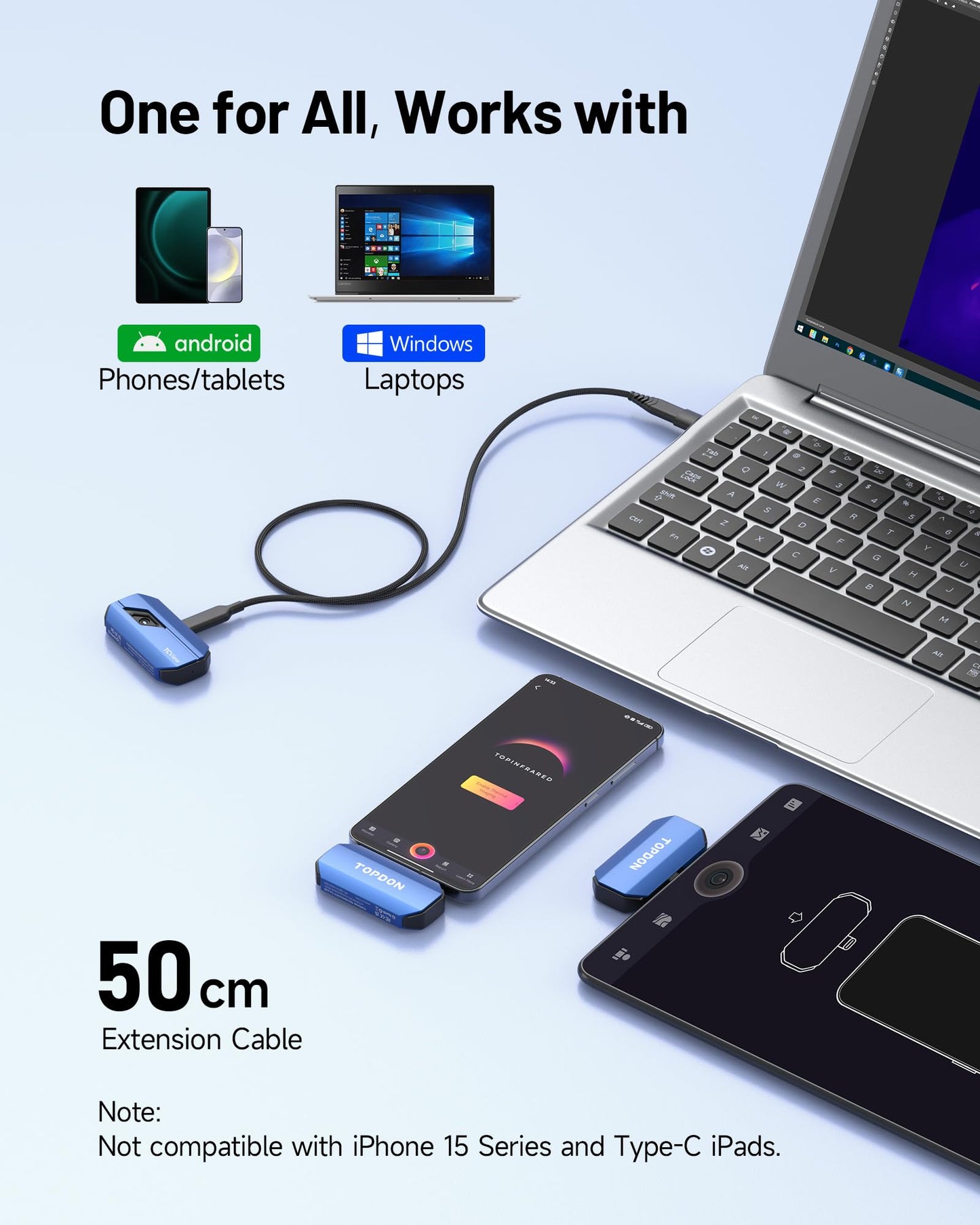 TOPDON Thermal Camera for Android TC001-A, High resolution 512x384 with TISR, 256x192 IR resolution, Temperature range: -20°C to +550°C, for smartphones and tablets.