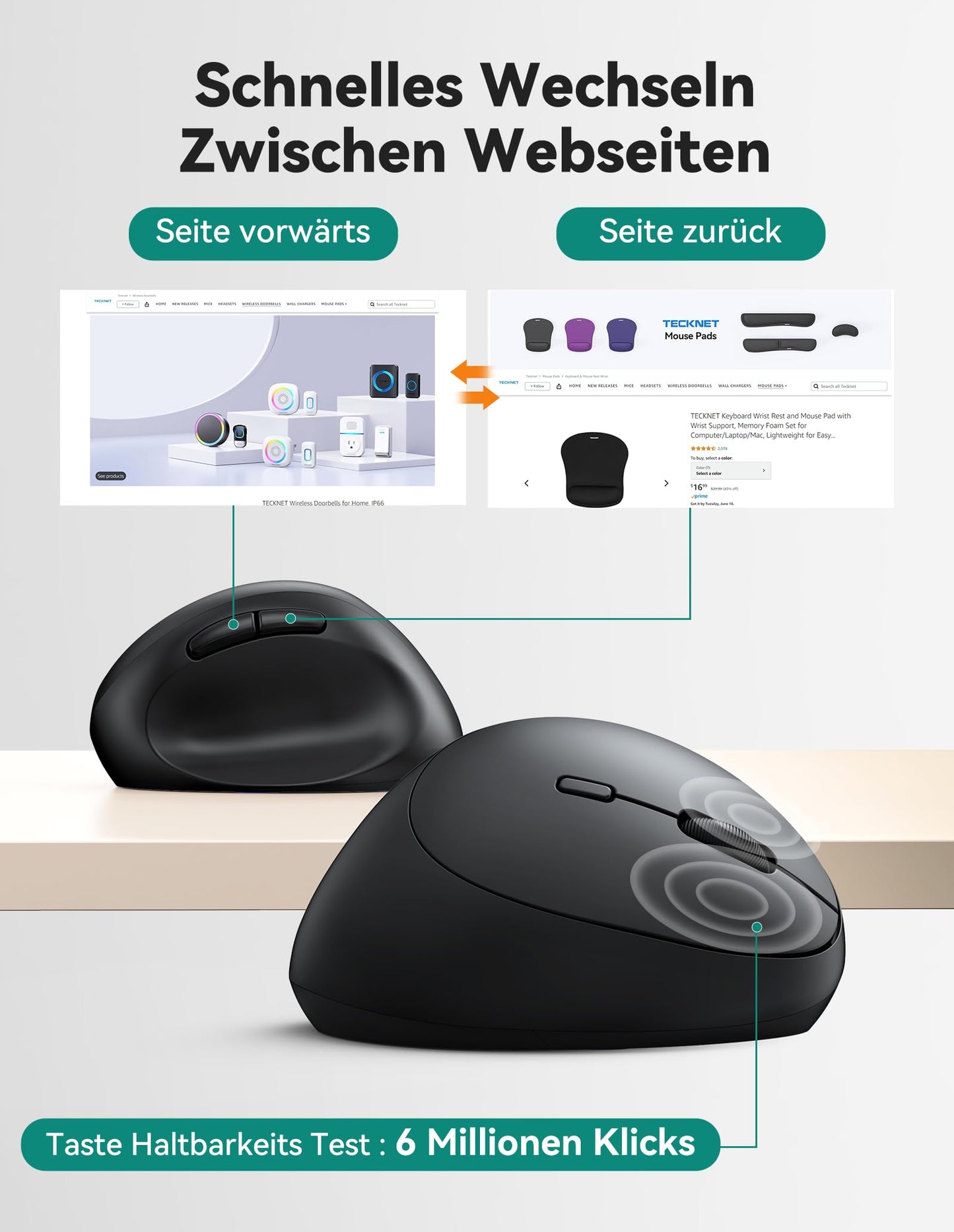 TECKNET Ergonomic Wireless Mouse, 4800 DPI Vertical Mouse, 99% Noise Reduction, 6 Buttons, 2.4G Computer Wireless Mouse, Quiet Wireless Mouse for Laptop, PC, Chromebook, Mac