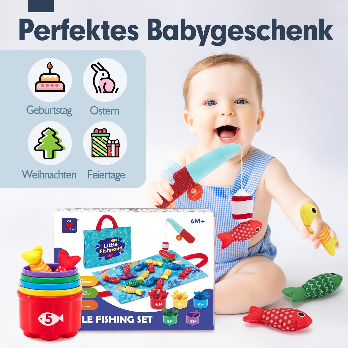 hahaland Baby toys for 1-2 year olds, fishing game for children 6-12 months, educational games, motor skills toys, Montessori toys, fish catching game - small gifts