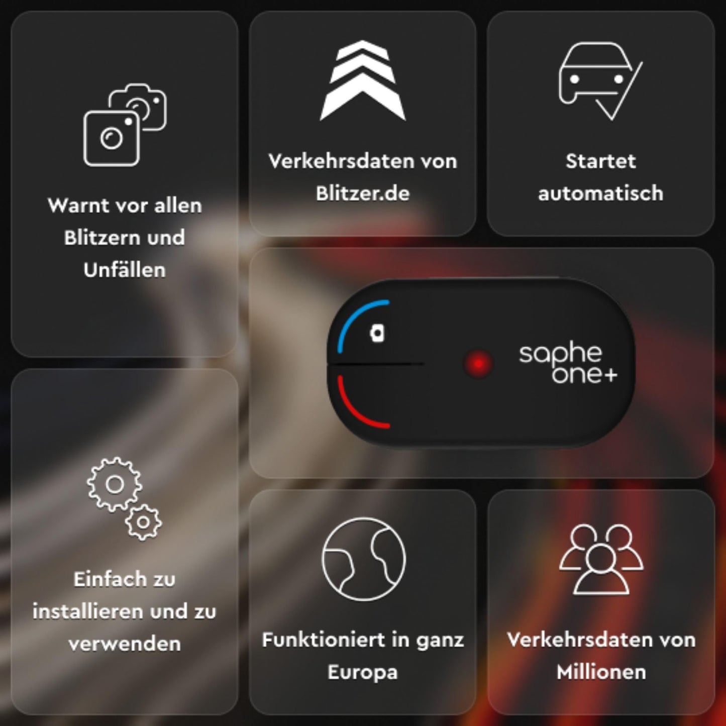 Saphe One+ speed camera warning system for your car – alerts you to speed cameras and hazards using data from Blitzer.de – no subscription required