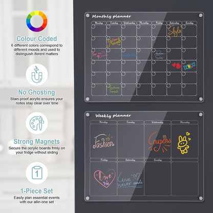 Magnetic weekly and monthly planner set, 1 set family planner, eraseable for organization, meal planning, and shopping lists. Includes eraser and 6 pens.