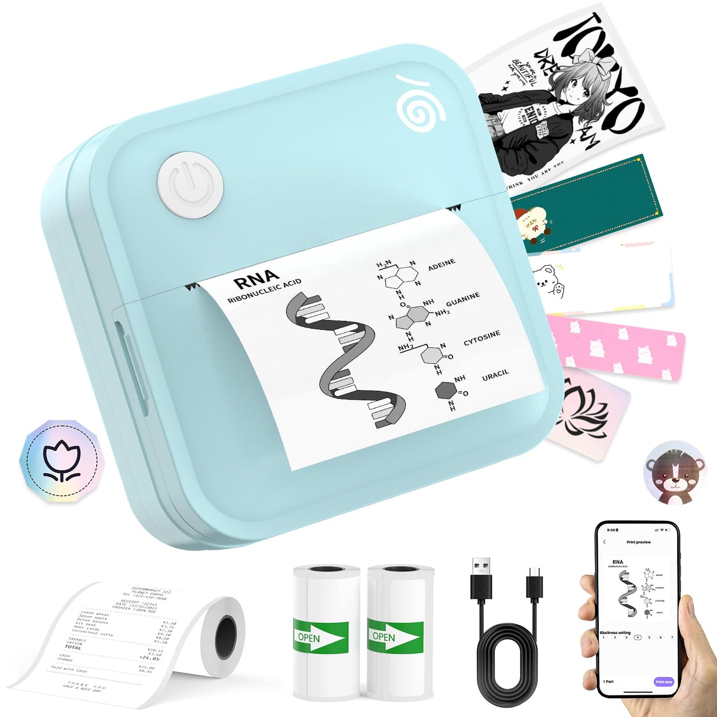 BeatCat Mini Label Printer with Tape - Bluetooth label printer for home and office organization, portable thermal sticker printer with various templates for smartphones (Blue)