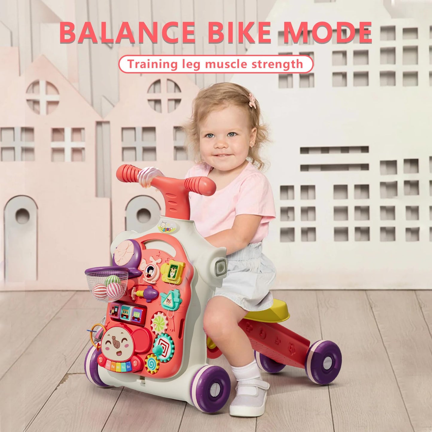 HYES 5 in 1 baby walker, baby play and walking aid with music and detachable play board, walking baby walker toy, for children aged 3-30+ months, red