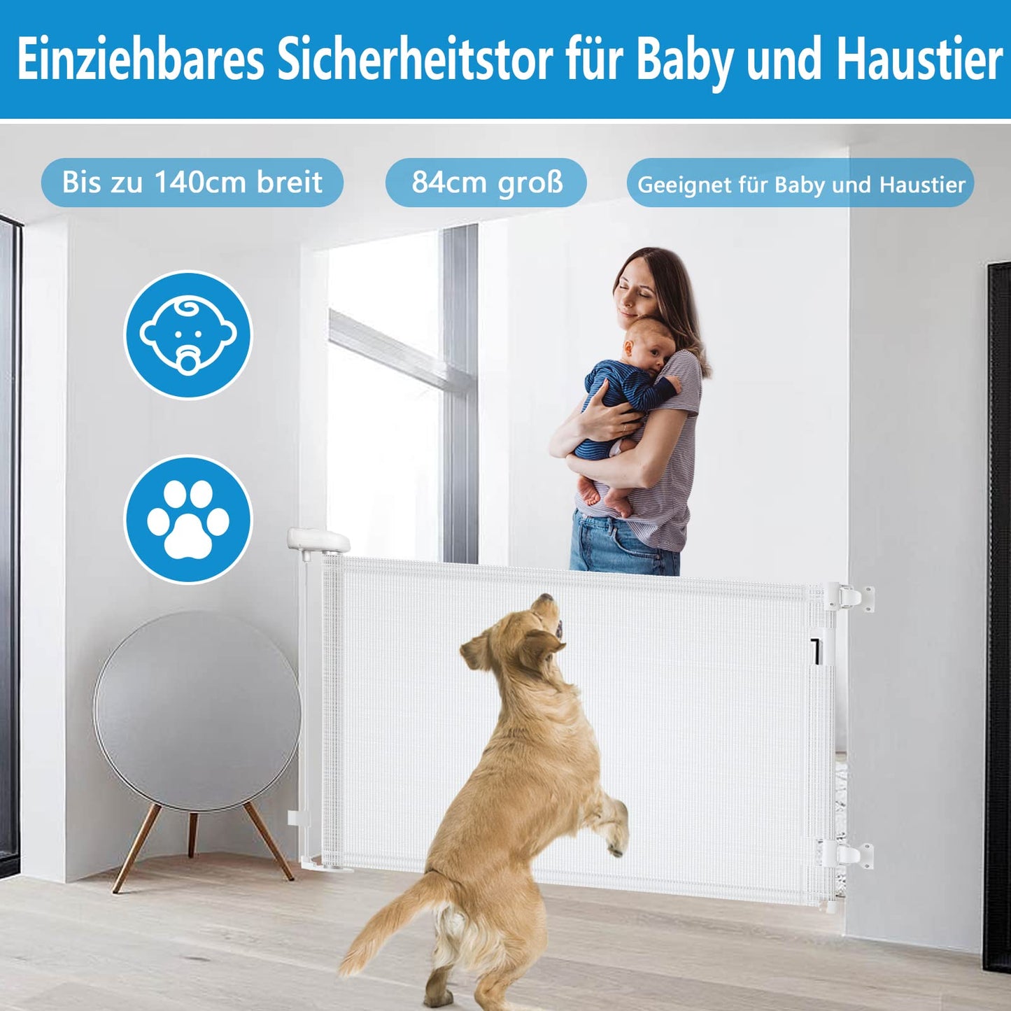 Stair gate for babies, retractable, 0-140 cm, 83 cm high baby safety gate, one-handed operation, suitable for stairs/doors, indoor & outdoor, door guard (140cm/white)