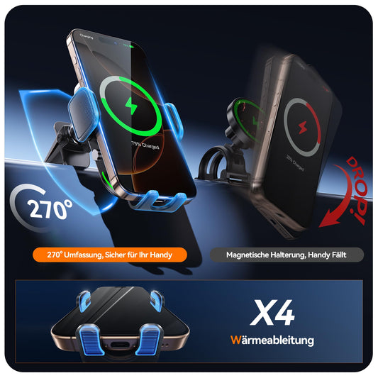 Auckly 15W car phone holder with charging function, [270° Automatic Clamping], Qi Inductive Car Wireless Charger, car charger for iPhone 12 13 14 15 16 Series & Samsung, fast charging.