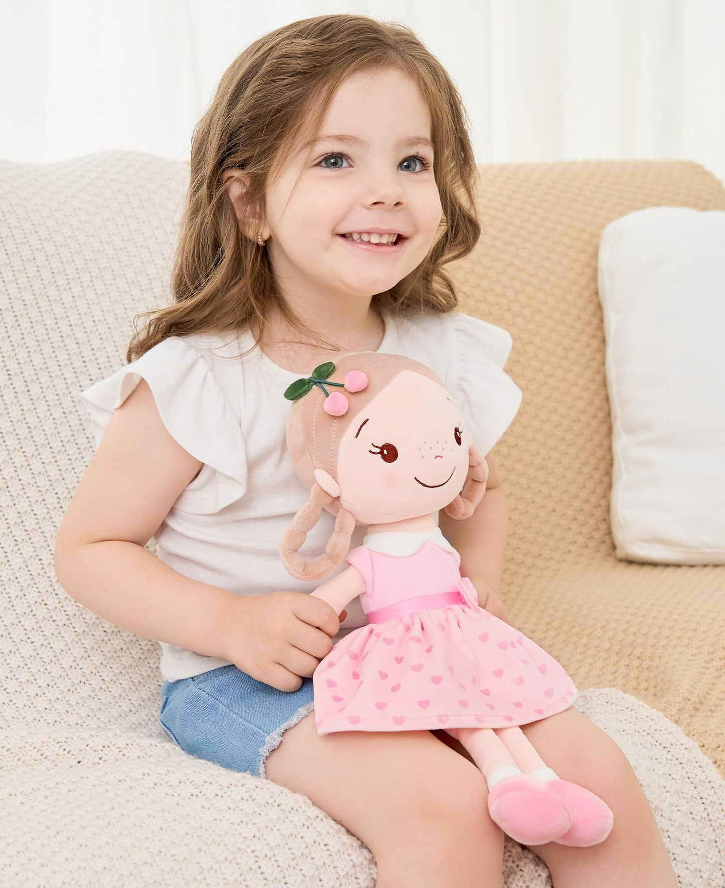 GAGAKU 40 cm Soft Fabric Doll, Guardian Angel Dolls, Baptism Gift for Baby Girls, Plush Toy, Lucky Charm for Children aged 3-5 Years (40cm Cherry Girl)