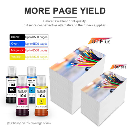 UniPlus Ink E104 ET-2870 ET-2810 ET-2820 ET-1810 ET-2720 ET-2840 ET-2826 Printer Cartridges Compatible for Epson E104 Multipack Refill Compatible for Epson Ecotank ET-2830 ET-2821 ET-4800 ET-4700.
