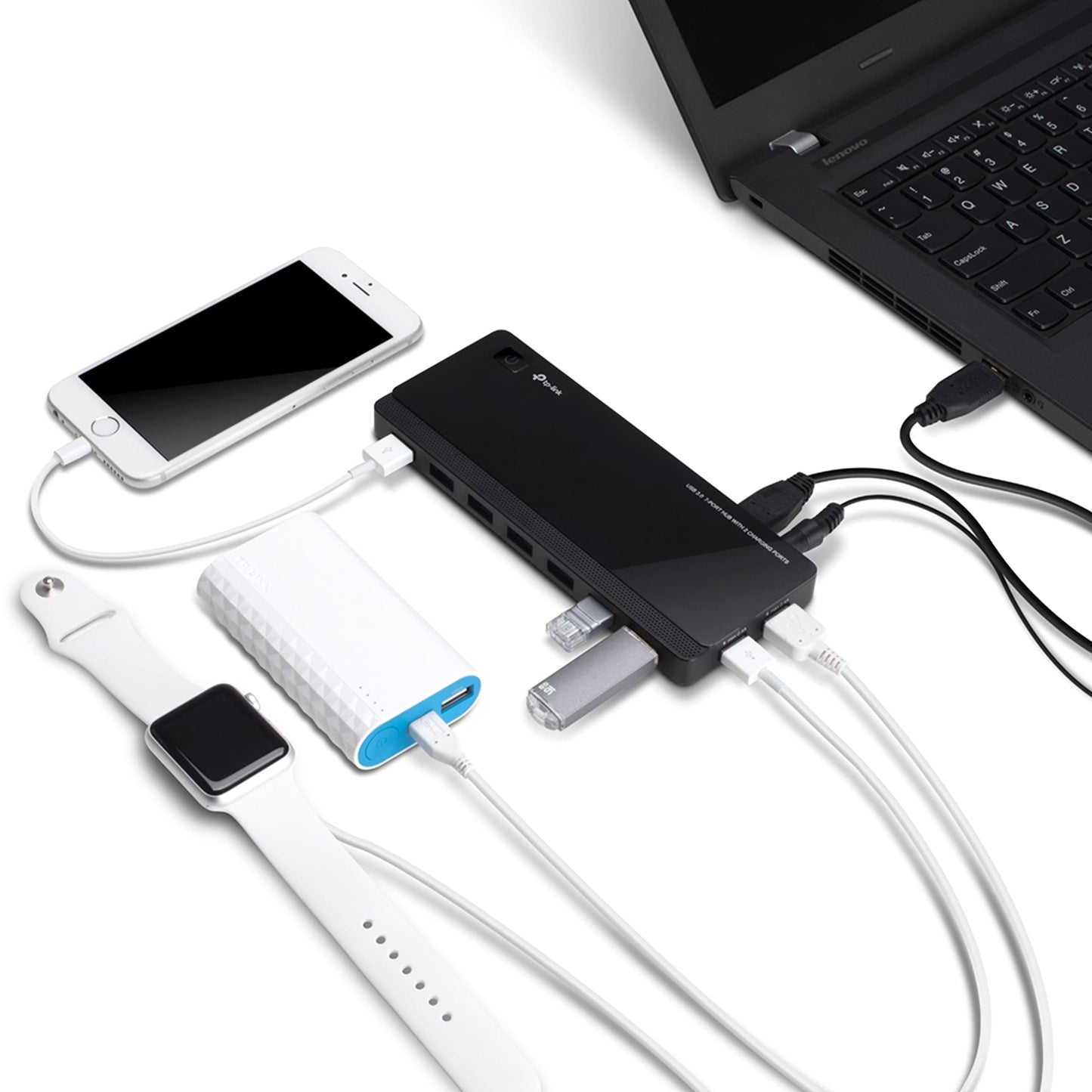 TP-Link UH720 7-Port USB 3.0 HUB + 2 charging ports (2.4A) for tablets and smartphones, includes power adapter and USB 3.0 cable, up to 5 Gbit/s, hot swapping, supports Windows, Mac OS, Linux, black.