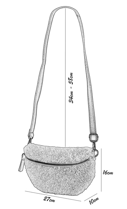 SH Leather® Teddy Plush Hip Bag Women's Belt Bag for Festival Travel Waist Bag Medium Crossbody Bag Women with genuine Leather Shoulder Strap 27x16cm Kate G358 (Beige/Silver Zipper, M)