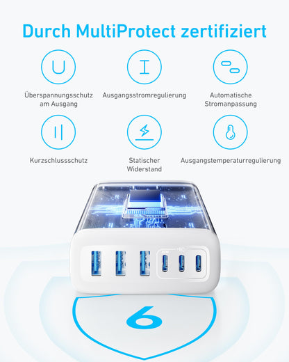 Anchor USB-C charger, 6-port charging station with 112W output power, for iPhone 17/16/15 series, MacBook Air, Pixel, Galaxy, iPad, and more (No charging cable included)