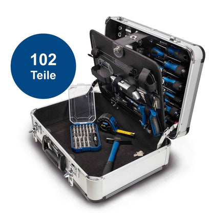 Scheppach TB150 Aluminum Tool Box filled with 101-piece Tool Set | Workshop case with wrench, hammer, pliers, screwdriver, and common tools, Ideal for workshop & household.