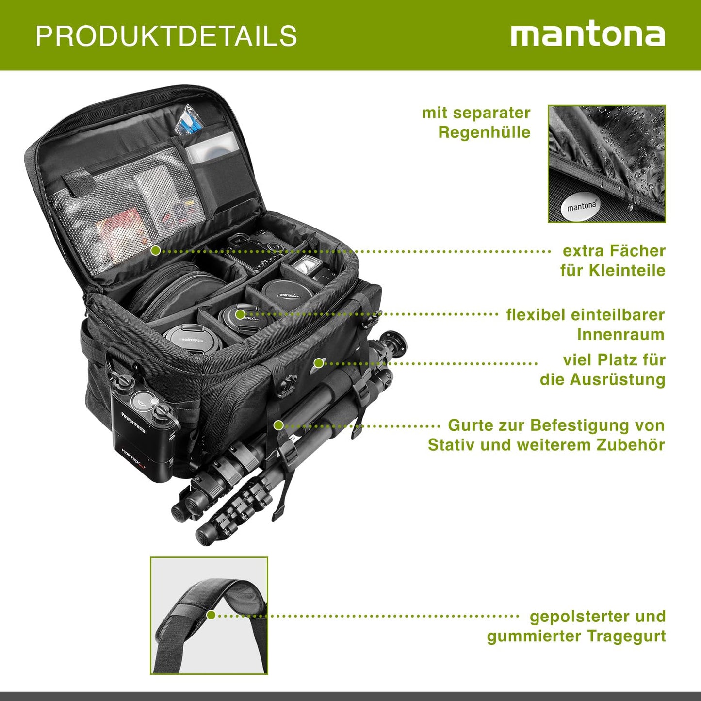 Mantona New York camera bag with internal compartments. Ideal for lenses, mirrorless cameras, and DSLRs. Provides storage for camera accessories, with rain cover and shoulder strap.