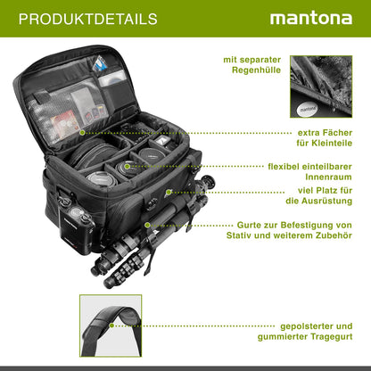 Mantona New York camera bag with internal compartments. Ideal for lenses, mirrorless cameras, and DSLRs. Provides storage for camera accessories, with rain cover and shoulder strap.