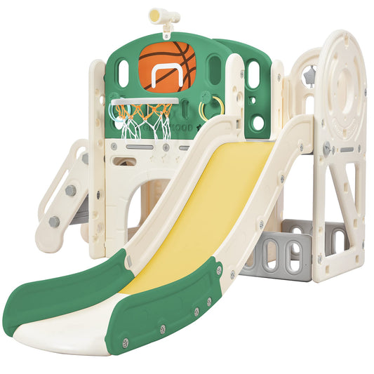 5 in 1 children's slide for indoor and outdoor use for ages 1-6. Playground for kids with long slide, storage box, tunnel, stairs, basketball hoop, and passageway. Green garden slide.