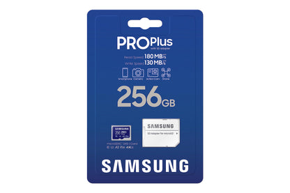 Samsung PRO Plus microSD card + SD adapter, 256GB, for mobile gaming on smartphones, tablets, and handheld consoles. UHS-I U3, Full HD & 4K UHD, 180MB/s read, 130MB/s write. Model: MB-MD256SA/EU.