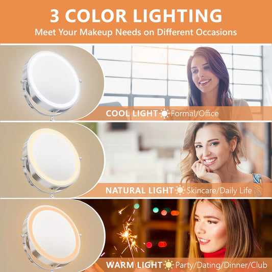 Auxmir Cosmetic Mirror with Lighting, 1X/5X Makeup Mirror Shaving Mirror Wall Mounted, Double-sided Magnifying Mirror with 3 Light Colors, Touchscreen, 360° Rotatable for Bathroom.