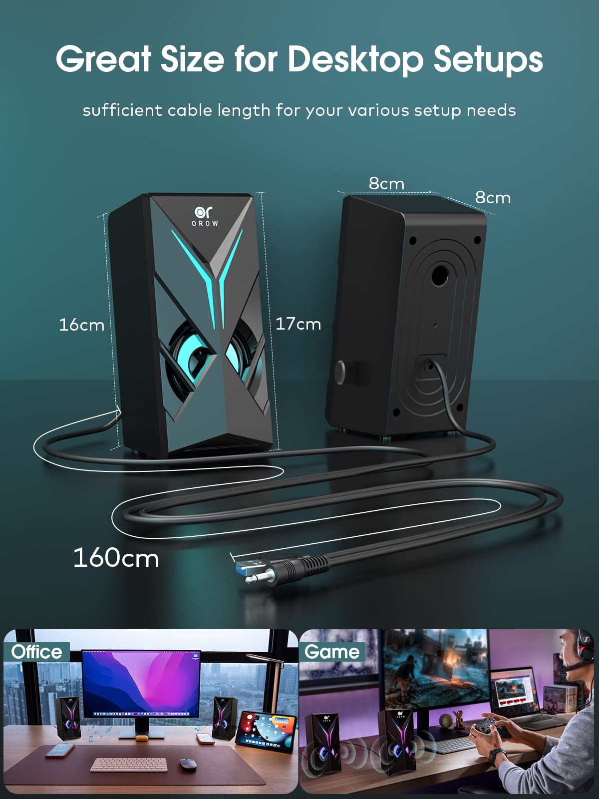 OROW PC speaker, 10W RGB gaming speaker for PC. USB-powered, 3.5mm jack, desktop speaker with colorful LED light. Mini computer speaker (S201).