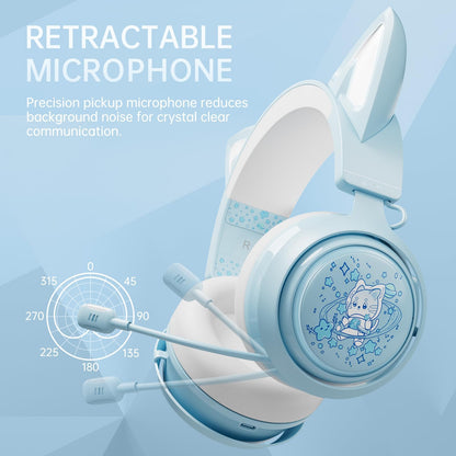 Somic Cat Ear Headphones, 2.4G/Bluetooth Wireless Gaming Headset for PS5, PS4, PC with RGB lights and retractable microphone, 10 hours playtime, for laptop, smartphone - GS510 Pro in Blue.