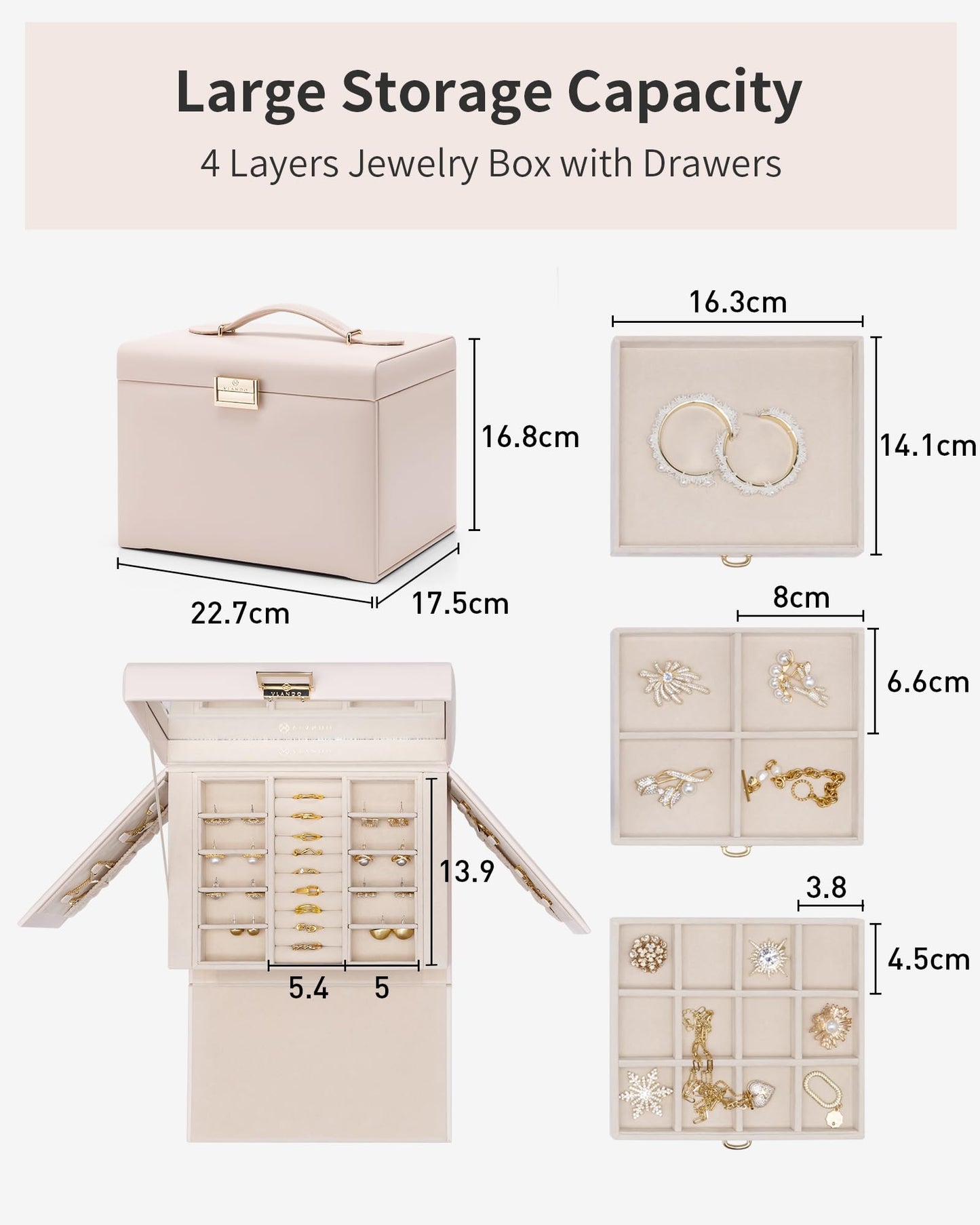 Vlando Jewelry Box Large with 4 layers, Jewelry Case PU Leather, Jewelry Box with Mirror and Drawers, Jewelry Organizers, Velvet lining, Beige