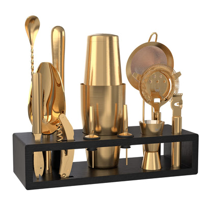 Highball & Chaser bartender set with black bamboo stand, elegant cocktail shaker set and bar tools, stainless steel, Boston shaker, bartender kit with stand (antique gold)