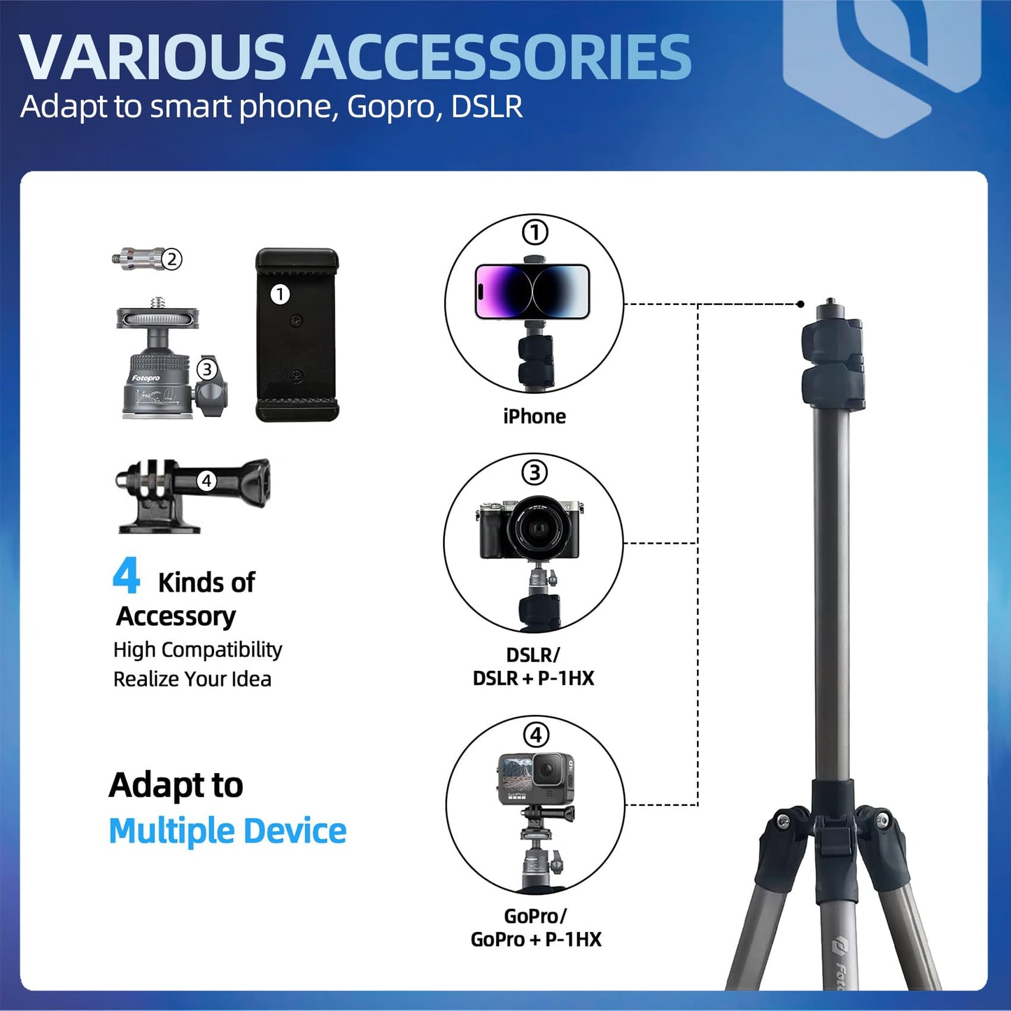 PhotoPro 208CM camera tripod with 360° ball head, phone holder, tall and durable ring light tripod for camera and phone, maximum load 5 kg.