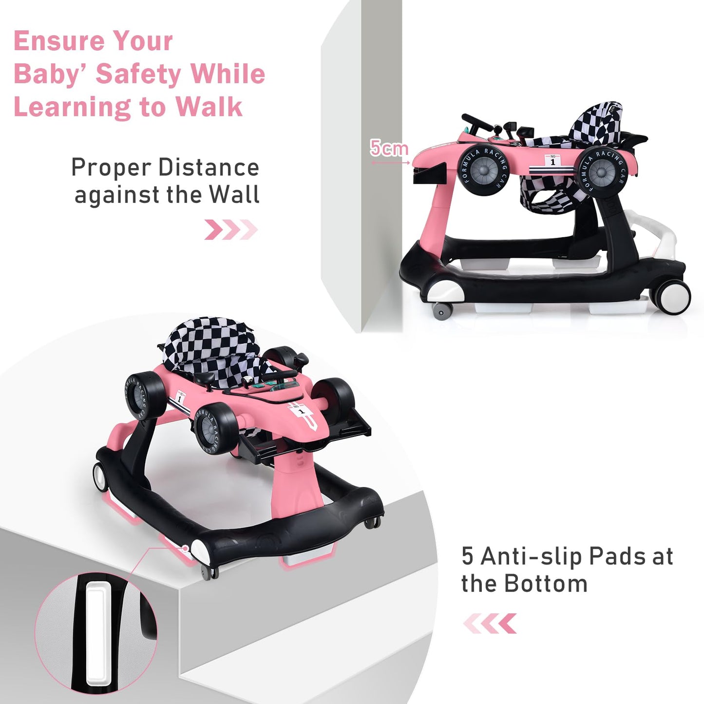 LIFEZEAL 4-in-1 baby walker, height-adjustable & foldable, suitable for babies from 6 months, with adjustable speed, light & music features (pink).