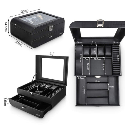 Seelux watch box for men with glass lid, lockable jewelry case for watches, rings, brooches, glasses. Gift for men, husband, boyfriend. Black.