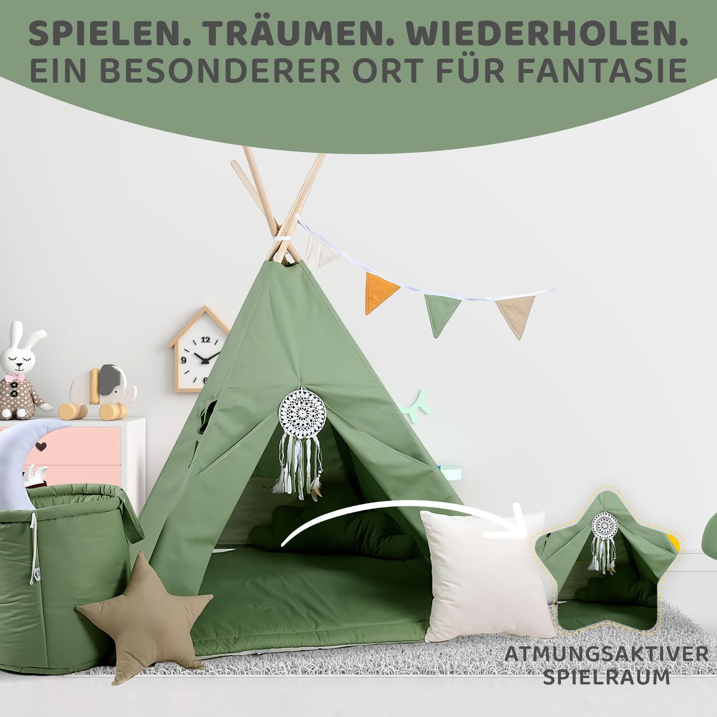Children's Teepee Tipi Set for kids, indoor/outdoor play tent, 8 elements including teepee, Indian tipi with window, etc. (with accessories forest spirit)