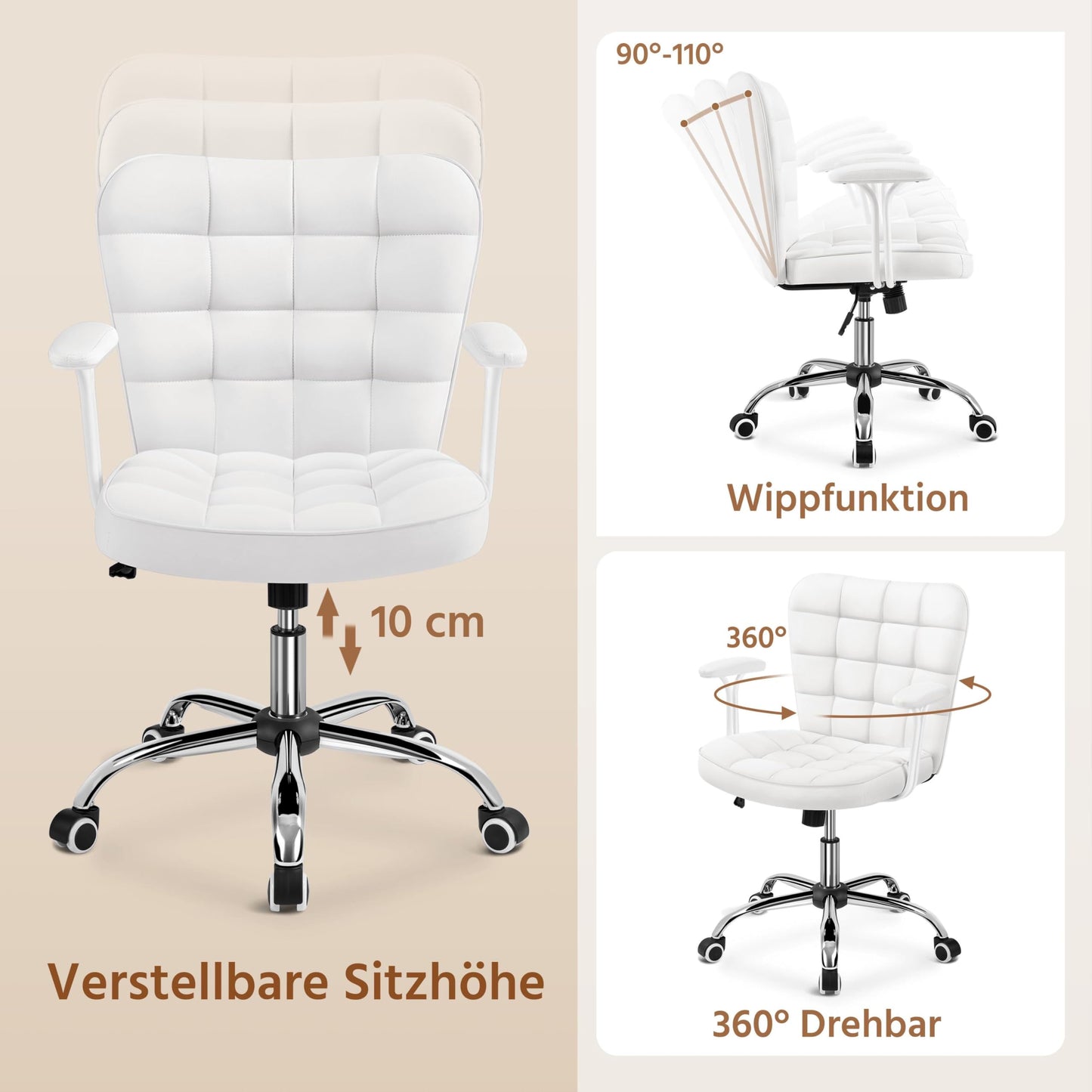 Yaheetech home office chair desk chair office chair work chair made of faux leather, swivel chair with soft armrests, height adjustable padded chair computer chair with wheels, white