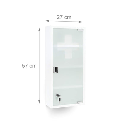 Relaxdays medicine cabinet EMERGENCY XXL Made of metal and glass Pharmaceutical cabinet for the bathroom HxWxD 57 x 27 x 12 cm with magnetic glass door 4 shelves for medication and bandages, white.