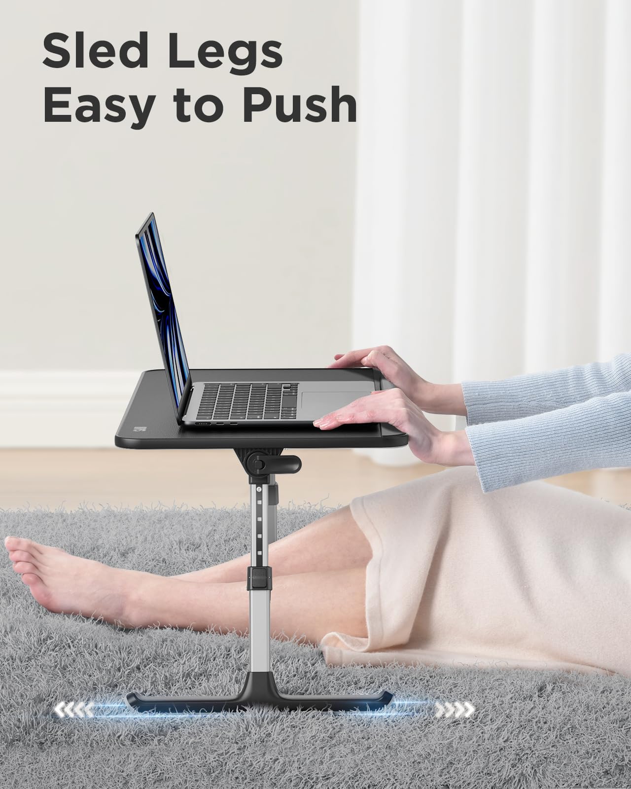 "SAIJI Laptop Table for Bed, Adjustable Height, Angle, Folding Legs, Sled Feet, PVC Leather Tabletop, Compatible with Laptops up to 17 Inches (Black, 52*30cm)"