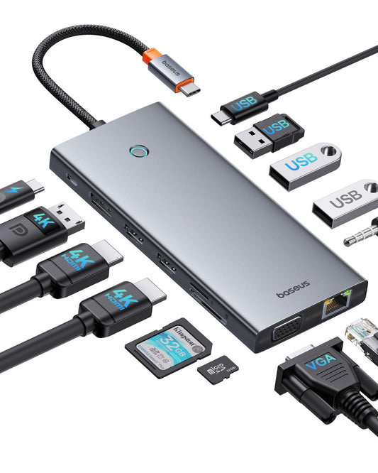 Optimized for efficiency, the Baseus USB C Docking Station supports 3 monitors, offering a 13-in-1 USB C Hub with 2 HDMI 4K@60Hz, DisplayPort 4K@60Hz, VGA, USB 3.1 10 Gbps, PD 100W, and Ethernet for Dell/HP/Lenovo/Surface Laptop.