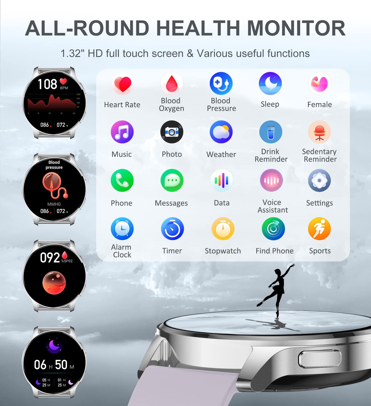 Iaret Smartwatch, 1.32 inch round wearable with phone function, personalized screen, music control, heart rate monitor, step counter, calories, etc. IP68 waterproof fitness tracker.