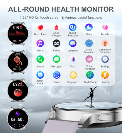 Iaret Smartwatch, 1.32 inch round wearable with phone function, personalized screen, music control, heart rate monitor, step counter, calories, etc. IP68 waterproof fitness tracker.