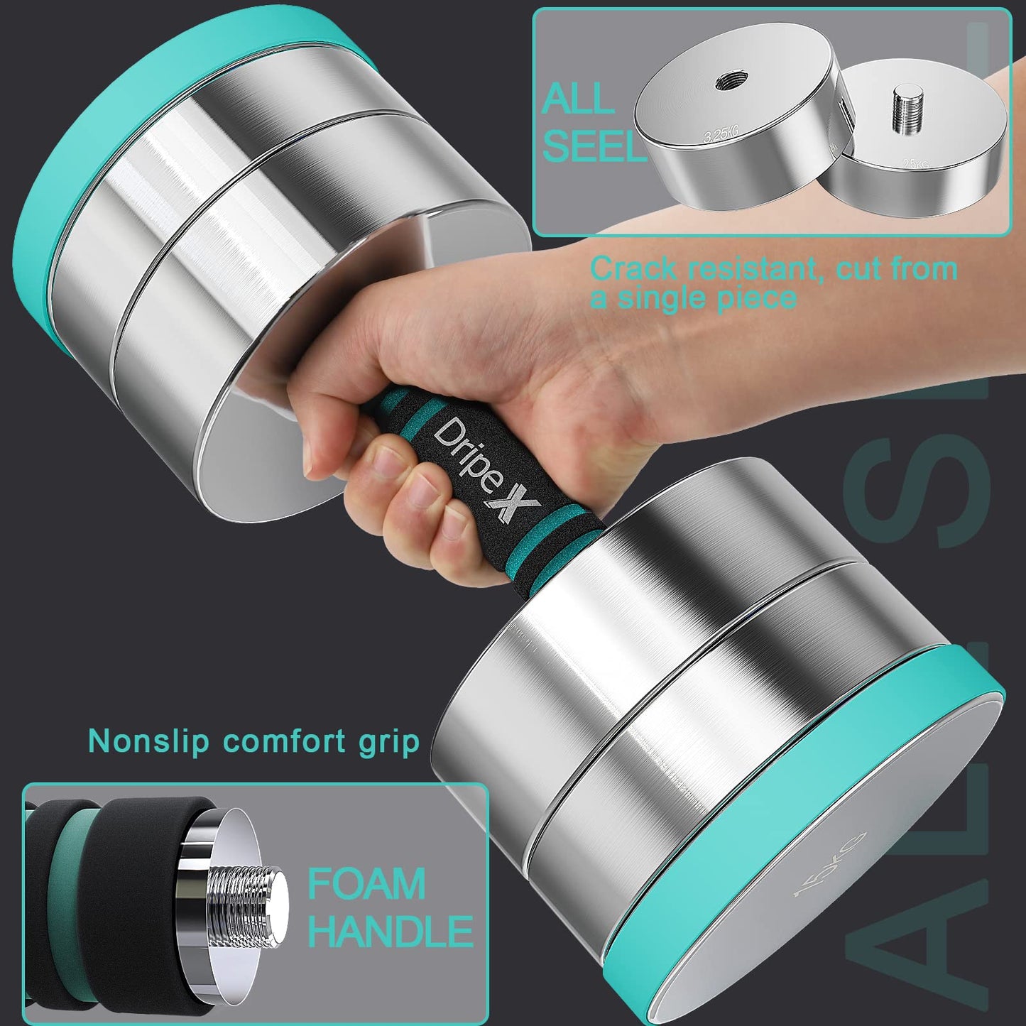 Dripex Dumbbell Set Adjustable Dumbbell 2x15kg, Steel dumbbells included. 2.5kg 5kg 7.5kg 10kg 15kg 25kg 30kg 50kg Fitness Dumbbells 30 KG with Foam Handle for Home.