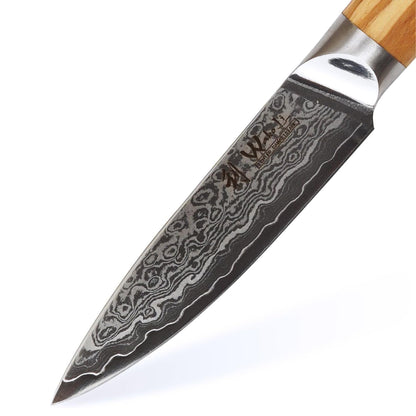 Wakoli Oribu Vegetable Knife Paring Knife Fruit Knife I 8.5 cm blade made of 67 layers of Damascus steel with AUS10 core I Olive wood handle I Sharp kitchen knife for vegetables, fruits & herbs I Gift box
