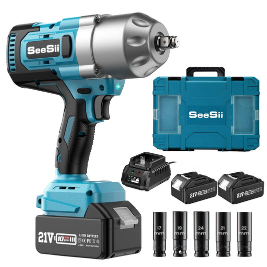 Seesii 1300Nm Cordless Impact Wrench, 8000mAh 1/2" Powerful Electric Impact Wrench for Car Tire Change & Loosening Lug Nuts, 3-Speed Gearbox, Brushless Motor, Comes with 2 Batteries & Charger.