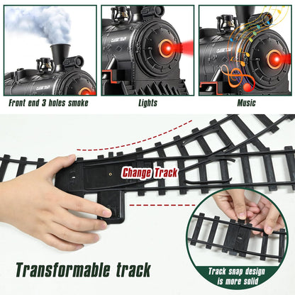 Ulikey Electric Train Set for Kids, Electric Train Toy with Sounds and Light, Steam Locomotive Train with Smoke, Rechargeable Classic Remote Control Trains for Boys 4 5 6 7 8 9 10