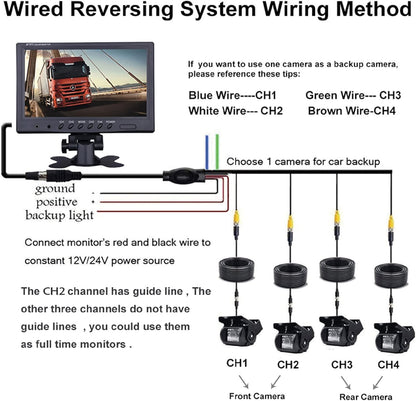 9 inch rear view camera set monitor with 4 pin cable, 4 waterproof night vision mirror cameras for trucks, RVs, trailers, caravans, and agriculture. 12V/24V/35V rearview camera cable for parking assistance.